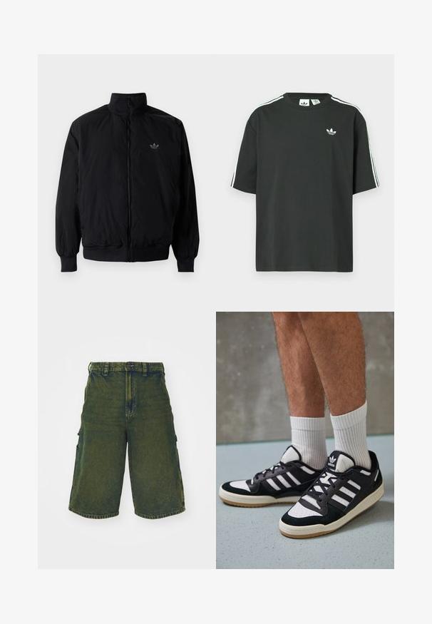 Černá zipová bunda s vysokým límcem, vyrobená z lehkého materiálu. Má elastické manžety a pas, s malým logem na horní levé straně.; Černé bavlněné tričko s krátkými rukávy, kulatým výstřihem a bílými třemi pruhy na ramenou. Na hrudi je malá bílá logo.; Zelené denimové cargo šortky s uvolněným střihem, které mají boční kapsy a zapínání na knoflík. Ošuntělá textura a rovný střih.; Černobílé tenisky s vrchní částí z semišové a kožené kůže, včetně tří bílých pruhů, perforovaného špičky a podrážky z gumy.