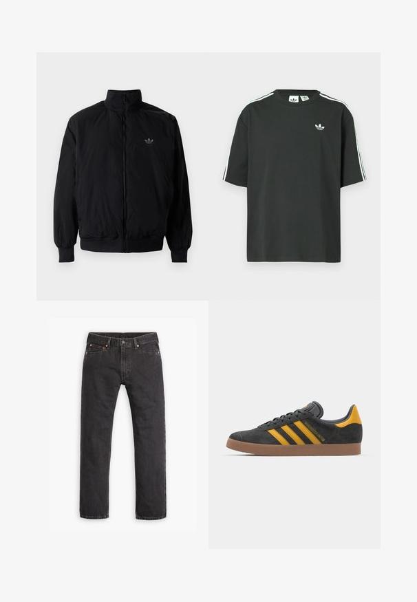 Black zipped jacket with high collar, made of lightweight material. Features elastic cuffs and waistband, with a small logo on the upper left.; Black cotton t-shirt with short sleeves, crew neckline, and white three-stripe detailing on shoulders. Features a small white logo on chest.; Black straight-leg denim jeans with five pockets, button closure, and copper rivets laid flat on a white background.; Black suede sneaker with yellow accents, featuring three stripes and a brown rubber sole. Includes a padded tongue for comfort.