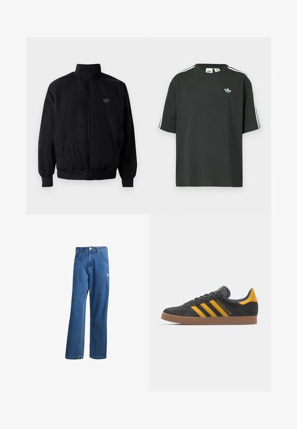 Crna jakna na zip s visokim ovratnikom, izrađena od laganog materijala. Ima elastične manžete i pojas, s malim logotipom na gornjem lijevom dijelu.; Crna pamučna majica kratkih rukava, s okruglim izrezom i bijelim detaljima u obliku triju pruga na ramenima. Na prsima se nalazi mali bijeli logotip.; Plave farmerke visokog struka sa širokim nogavicama, prednjim džepovima, petljama za remen, zatvaranjem na dugme i malim Adidas logotipom na desnom bedrima.; Crne nubuk tenisice s žutim detaljima, sa tri pruge i smešnim gumenim potplatom. Imaju jastučić na jeziku za udobnost.