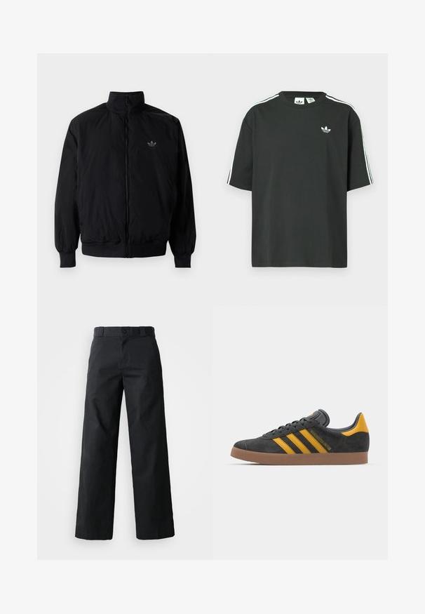Czarna kurtka zapinana na zamek z wysokim kołnierzem, wykonana z lekkiego materiału. Posiada elastyczne mankiety i pas, oraz małe logo na górnej lewej stronie.; Czarny bawełniany t-shirt z krótkimi rękawami, okrągłym dekoltem i białym detalem w postaci trzech pasków na ramionach. Na piersi znajduje się małe białe logo.; Czarne spodnie z szerokimi nogawkami wykonane z bawełny. Posiadają zapięcie na guzik, szlufki na pasek oraz kieszenie boczne. Gładka tekstura z dopasowanym krojem.; Czarne zamszowe sneakersy z żółtymi akcentami, z trzema paskami i brązową gumową podeszwą. Posiadają wyściełany język dla większego komfortu.