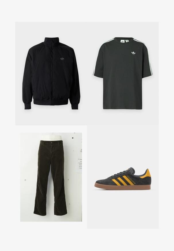 Black zipped jacket with high collar, made of lightweight material. Features elastic cuffs and waistband, with a small logo on the upper left.; Black cotton t-shirt with short sleeves, crew neckline, and white three-stripe detailing on shoulders. Features a small white logo on chest.; Brown corduroy pants feature a flared design, vertical ribbed texture, front button closure, and standard pockets.; Black suede sneaker with yellow accents, featuring three stripes and a brown rubber sole. Includes a padded tongue for comfort.