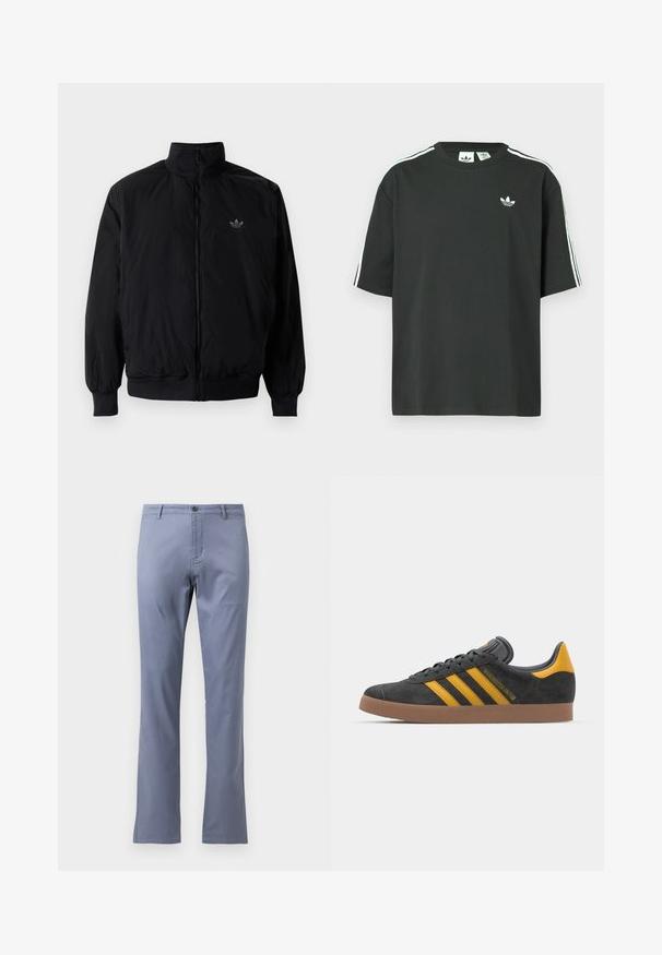 Černá zipová bunda s vysokým límcem, vyrobená z lehkého materiálu. Má elastické manžety a pas, s malým logem na horní levé straně.; Černé bavlněné tričko s krátkými rukávy, kulatým výstřihem a bílými třemi pruhy na ramenou. Na hrudi je malá bílá logo.; Světle modré bavlněné kalhoty se klasickým střihem, plochým předním dílem, poutky na opasek a jedním knoflíkem na zapínání v pase. Bez viditelných vzorů.; Černé semišové tenisky se žlutými akcenty, vybavené třemi pruhy a hnědou gumovou podrážkou. Obsahují polstrovaný jazyk pro pohodlí.