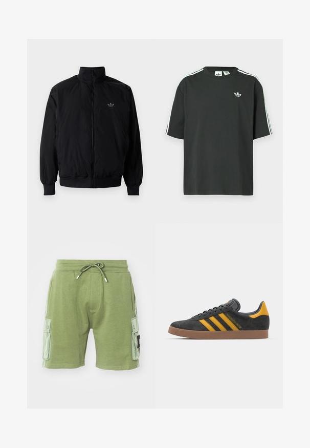 Veste noire à fermeture éclair avec col haut, fabriquée en matériau léger. Dotée de poignets et d'une taille élastiques, avec un petit logo en haut à gauche.; T-shirt en coton noir à manches courtes, col rond, avec un détail blanc à trois bandes sur les épaules. Présente un petit logo blanc sur la poitrine.; Shorts en coton verts avec taille élastique et cordon de serrage. Comprend deux poches cargo latérales et des accents de panneaux texturés sur les côtés.; Baskets en suede noir avec des accents jaunes, présentant trois rayures et une semelle en caoutchouc marron. Comprend une languette rembourrée pour le confort.