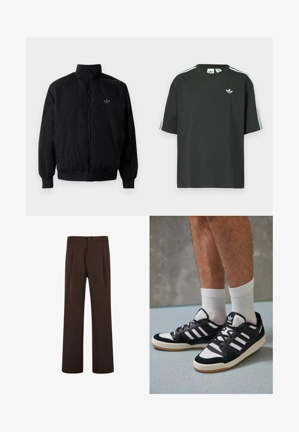 Czarna kurtka zapinana na zamek z wysokim kołnierzem, wykonana z lekkiego materiału. Posiada elastyczne mankiety i pas, oraz małe logo na górnej lewej stronie.; Czarny bawełniany t-shirt z krótkimi rękawami, okrągłym dekoltem i białym detalem w postaci trzech pasków na ramionach. Na piersi znajduje się małe białe logo.; Brązowe spodnie o prostym kroju, z zapięciem na guzik i plisami, wykonane z gładkiego materiału. Brak widocznych kieszeni i wzorów.; Czarno-białe sneakersy z zamszową i skórzaną cholewką, z trzema białymi paskami, perforowanym czubkiem i gumową podeszwą w kolorze gumy.
