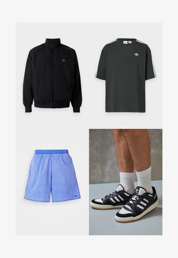 Musta vetoketjullinen takki, jossa on korkea kaulus, valmistettu kevyestä materiaalista. Varustettu joustavilla hihoilla ja vyötäröllä, ja ylävasemmalla on pieni logo.; Musta puuvillainen t-paita, jossa on lyhyet hihat, pyöreä pääntie ja valkoiset kolmen raidan yksityiskohdat olkapäillä. Rinnan kohdalla on pieni valkoinen logo.; Vaaleansiniset shortsit, joissa on joustava vyötärö, sivutaskut ja pieni logotunnus. Kankaan pinta näyttää pehmeältä ja siinä on hienovarainen rakenne.; Valkoiset ja mustat tennarit, joissa on mokkanahka- ja nahkapäällinen, kolme valkoista raitaa, rei'itetty kärki ja kumipohja.