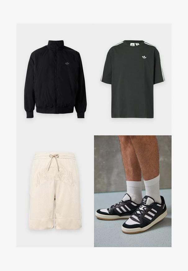 Crna jakna na zip s visokim ovratnikom, izrađena od laganog materijala. Ima elastične manžete i pojas, s malim logotipom na gornjem lijevom dijelu.; Crna pamučna majica kratkih rukava, s okruglim izrezom i bijelim detaljima u obliku triju pruga na ramenima. Na prsima se nalazi mali bijeli logotip.; Bež mrežaste šortse s teksturiranom površinom, koje imaju pojas na vezanje i istaknut "NEWERA" logo koji je ušiven sprijeda.; Crne i bijele tenisice s gornjim dijelom od antilopa i kože, s tri bijele pruge, perforiranim prstom i gumiranim potplatom.