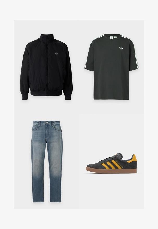 Crna jakna na zip s visokim ovratnikom, izrađena od laganog materijala. Ima elastične manžete i pojas, s malim logotipom na gornjem lijevom dijelu.; Crna pamučna majica kratkih rukava, s okruglim izrezom i bijelim detaljima u obliku triju pruga na ramenima. Na prsima se nalazi mali bijeli logotip.; Svijetloplave traperice ravnog kroja, s pet džepova, metalnim zatvaranjem na dugme i blagim izbljeđivanjem na prednjem dijelu.; Crne nubuk tenisice s žutim detaljima, sa tri pruge i smešnim gumenim potplatom. Imaju jastučić na jeziku za udobnost.