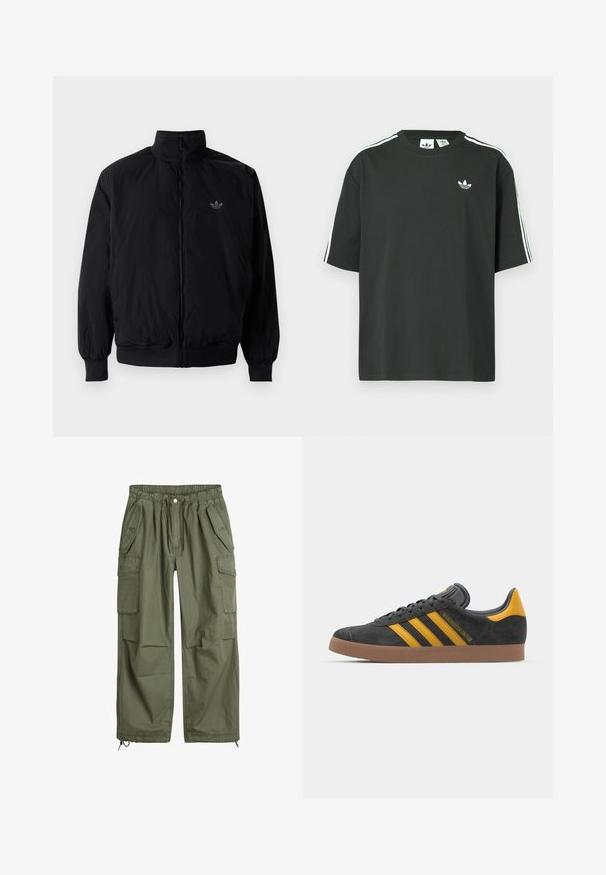 Czarna kurtka zapinana na zamek z wysokim kołnierzem, wykonana z lekkiego materiału. Posiada elastyczne mankiety i pas, oraz małe logo na górnej lewej stronie.; Czarny bawełniany t-shirt z krótkimi rękawami, okrągłym dekoltem i białym detalem w postaci trzech pasków na ramionach. Na piersi znajduje się małe białe logo.; Oliwkowe spodnie cargo z elastycznym pasem, sznurkiem, wieloma bocznymi kieszeniami i zwężanymi nogawkami. Wykonane z trwałego materiału bawełnianego.; Czarne zamszowe sneakersy z żółtymi akcentami, z trzema paskami i brązową gumową podeszwą. Posiadają wyściełany język dla większego komfortu.
