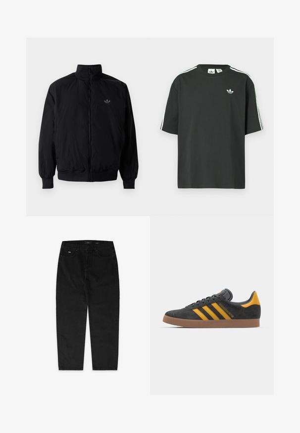 Black zipped jacket with high collar, made of lightweight material. Features elastic cuffs and waistband, with a small logo on the upper left.; Black cotton t-shirt with short sleeves, crew neckline, and white three-stripe detailing on shoulders. Features a small white logo on chest.; EIGHTYFIVE WITH LOOP - Baggy Jeans - black washed; Black suede sneaker with yellow accents, featuring three stripes and a brown rubber sole. Includes a padded tongue for comfort.