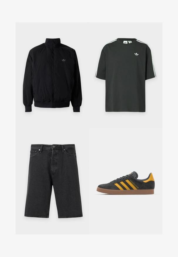 Giacca nera con zip e colletto alto, realizzata in materiale leggero. Presenta polsini e vita elastici, con un piccolo logo in alto a sinistra.; Maglietta nera in cotone con maniche corte, scollo rotondo e dettagli bianchi a tre strisce sulle spalle. Presenta un piccolo logo bianco sul petto.; Pantaloni shorts in denim nero con taglio dritto, design a cinque tasche standard, chiusura con bottoni e finitura in tessuto testurizzato.; Sneaker in suede nero con dettagli gialli, dotato di tre strisce e una suola in gomma marrone. Include una linguetta imbottita per il comfort.