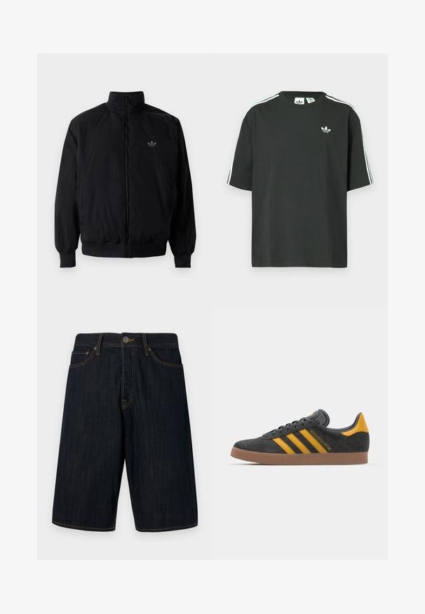 Black zipped jacket with high collar, made of lightweight material. Features elastic cuffs and waistband, with a small logo on the upper left.; Black cotton t-shirt with short sleeves, crew neckline, and white three-stripe detailing on shoulders. Features a small white logo on chest.; Dark denim shorts with a straight cut, featuring yellow stitching, five pockets, and a front button closure. Smooth texture.; Black suede sneaker with yellow accents, featuring three stripes and a brown rubber sole. Includes a padded tongue for comfort.