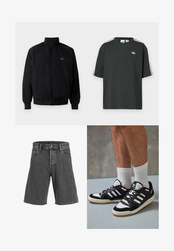 Zwarte geluiting jack met hoge kraag, gemaakt van lichtgewicht materiaal. Voorzien van elastische manchetten en tailleband, met een klein logo op de linkerbovenkant.; Zwart katoenen T-shirt met korte mouwen, ronde hals en witte drie-strepen details op de schouders. Heeft een klein wit logo op de borst.; Zwarte denim short met een relaxed fit, voorzien van een knoopsluiting, twee frontzakken en een subtiel vervaagd patroon. Klassiek vijfzakken ontwerp.; Zwart-witte sneakers met een bovenwerk van suede en leer, voorzien van drie witte strepen, een geperforeerde neus en een rubberen gumzool.