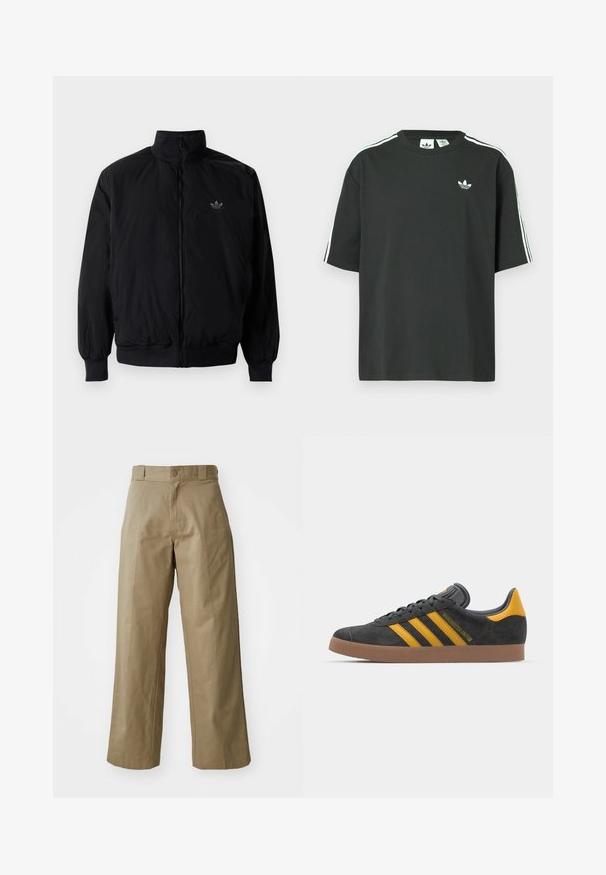 Czarna kurtka zapinana na zamek z wysokim kołnierzem, wykonana z lekkiego materiału. Posiada elastyczne mankiety i pas, oraz małe logo na górnej lewej stronie.; Czarny bawełniany t-shirt z krótkimi rękawami, okrągłym dekoltem i białym detalem w postaci trzech pasków na ramionach. Na piersi znajduje się małe białe logo.; Jasnozielone, szerokie spodnie wykonane z mieszanki bawełny, z pojedynczym zapięciem na guzik i widocznymi kieszeniami bocznymi. Gładka tekstura, szczegóły w postaci załamań.; Czarne zamszowe sneakersy z żółtymi akcentami, z trzema paskami i brązową gumową podeszwą. Posiadają wyściełany język dla większego komfortu.