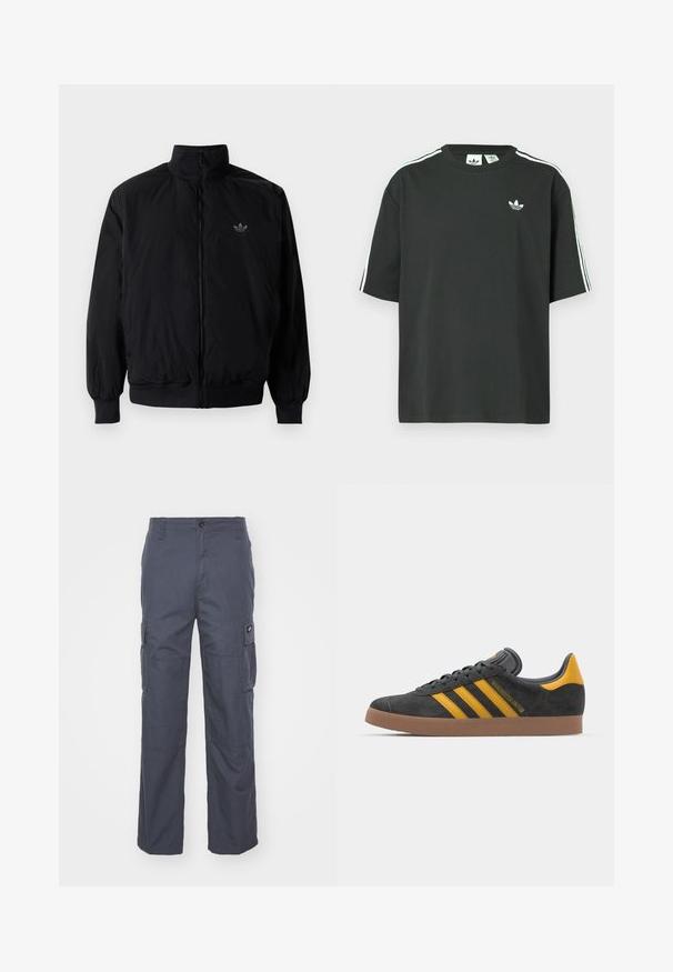 Crna jakna na zip s visokim ovratnikom, izrađena od laganog materijala. Ima elastične manžete i pojas, s malim logotipom na gornjem lijevom dijelu.; Crna pamučna majica kratkih rukava, s okruglim izrezom i bijelim detaljima u obliku triju pruga na ramenima. Na prsima se nalazi mali bijeli logotip.; Cargo hlače u tamnosivoj tkanini, s širokim nogavicama, višestrukim bočnim džepovima i dugmetom za zatvaranje u struku. Glatka tekstura i čvrst dizajn.; Crne nubuk tenisice s žutim detaljima, sa tri pruge i smešnim gumenim potplatom. Imaju jastučić na jeziku za udobnost.