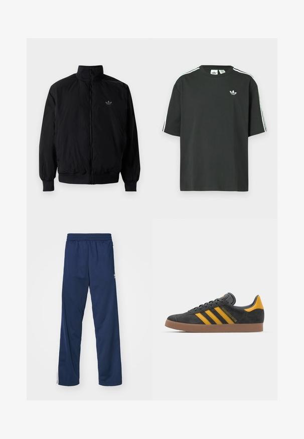 Černá zipová bunda s vysokým límcem, vyrobená z lehkého materiálu. Má elastické manžety a pas, s malým logem na horní levé straně.; Černé bavlněné tričko s krátkými rukávy, kulatým výstřihem a bílými třemi pruhy na ramenou. Na hrudi je malá bílá logo.; Námořnické modré sportovní kalhoty s elastickým pasem, se bílými bočními pruhy a logem na levém stehně.; Černé semišové tenisky se žlutými akcenty, vybavené třemi pruhy a hnědou gumovou podrážkou. Obsahují polstrovaný jazyk pro pohodlí.