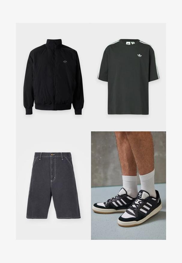 Zwarte geluiting jack met hoge kraag, gemaakt van lichtgewicht materiaal. Voorzien van elastische manchetten en tailleband, met een klein logo op de linkerbovenkant.; Zwart katoenen T-shirt met korte mouwen, ronde hals en witte drie-strepen details op de schouders. Heeft een klein wit logo op de borst.; Donkergrijze denim shorts met een relaxte pasvorm, voorzien van een knoopsluiting, riemlussen en subtiele witte stiksels. Geen zichtbare zakken.; Zwart-witte sneakers met een bovenwerk van suede en leer, voorzien van drie witte strepen, een geperforeerde neus en een rubberen gumzool.