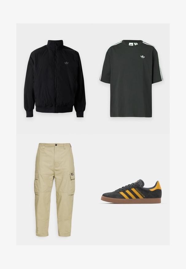 Black zipped jacket with high collar, made of lightweight material. Features elastic cuffs and waistband, with a small logo on the upper left.; Black cotton t-shirt with short sleeves, crew neckline, and white three-stripe detailing on shoulders. Features a small white logo on chest.; Beige cargo pants made of durable fabric, featuring two side pockets, a button closure, and tapered legs with a smooth texture.; Black suede sneaker with yellow accents, featuring three stripes and a brown rubber sole. Includes a padded tongue for comfort.