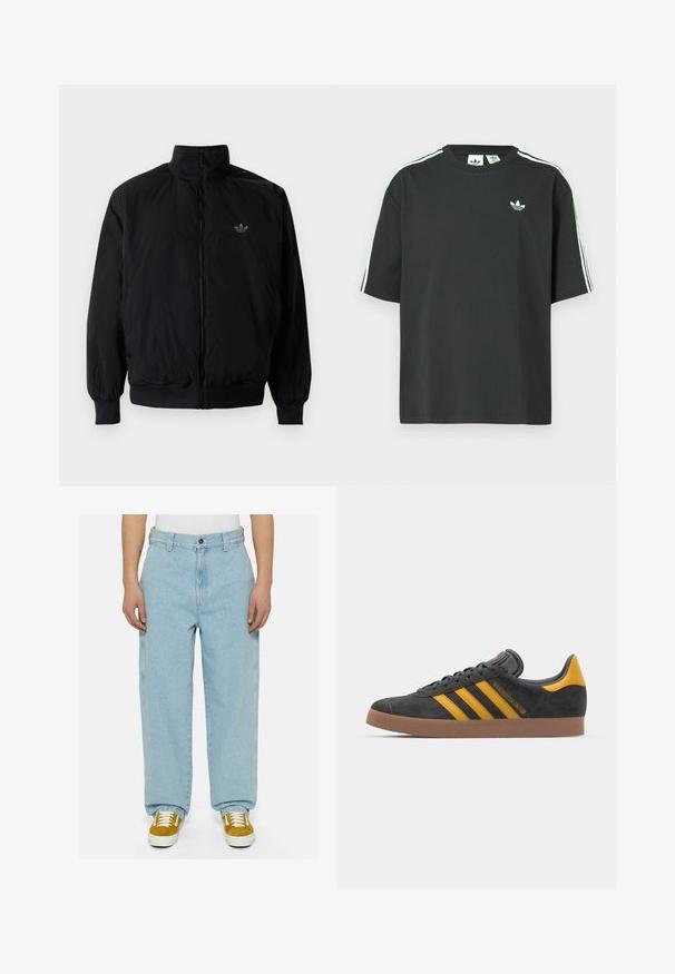 Chaqueta negra con cremallera y cuello alto, hecha de material ligero. Cuenta con puños y cinturilla elásticos, y un pequeño logo en la parte superior izquierda.; Camiseta de algodón negra con mangas cortas, cuello redondo y detalle de tres rayas blancas en los hombros. Presenta un pequeño logo blanco en el pecho.; Vaqueros de mezclilla azul claro con un corte holgado, tiro alto y costuras en contraste. Combinados con zapatillas amarillas y blancas.; Zapatillas de ante negro con acentos amarillos, que presentan tres franjas y una suela de goma marrón. Incluyen una lengüeta acolchada para mayor comodidad.