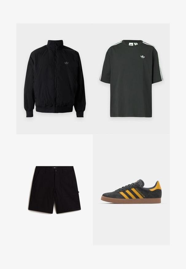 Schwarze Jacke mit Reißverschluss und hohem Kragen, aus leichtem Material gefertigt. Verfügt über elastische Bündchen und einen elastischen Saum, mit einem kleinen Logo oben links.; Schwarzes Baumwoll-T-Shirt mit kurzen Ärmeln, Rundhalsausschnitt und weißen Dreistreifen-Details auf den Schultern. Verfügt über ein kleines weißes Logo auf der Brust.; Schwarze Shorts aus Baumwolle mit einem normalen Bund, zwei Fronttaschen und einer bequemen Passform. Einfaches Design ohne sichtbare Muster.; Schwarze Wildledersneaker mit gelben Akzenten, ausgestattet mit drei Streifen und einer braunen Gummisohle. Enthält eine gepolsterte Zunge für zusätzlichen Komfort.