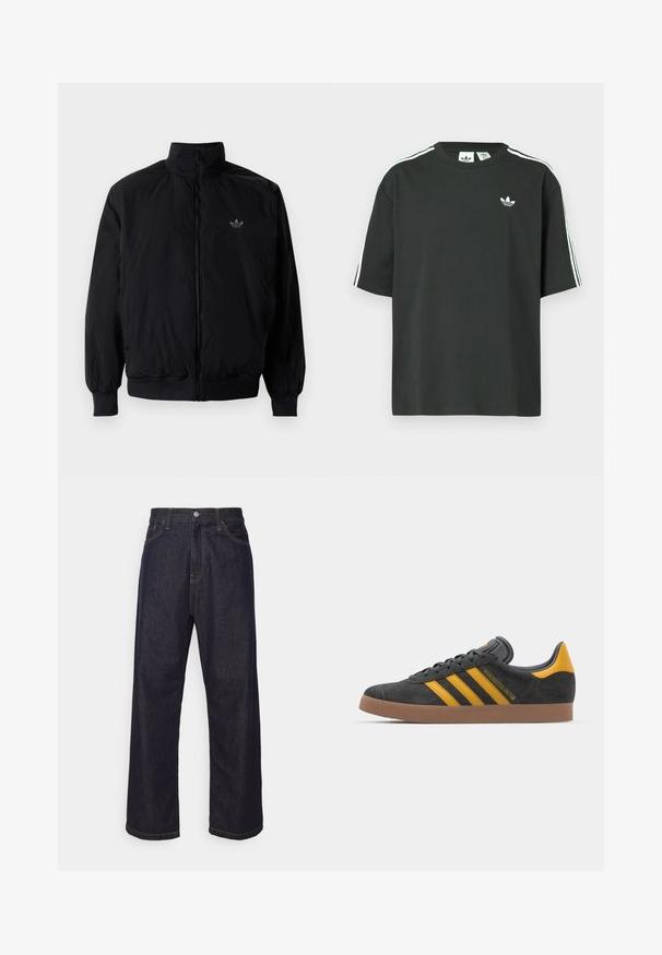 Černá zipová bunda s vysokým límcem, vyrobená z lehkého materiálu. Má elastické manžety a pas, s malým logem na horní levé straně.; Černé bavlněné tričko s krátkými rukávy, kulatým výstřihem a bílými třemi pruhy na ramenou. Na hrudi je malá bílá logo.; Tmavě modré džíny s rovnými nohavicemi, žlutým prošitím, předním knoflíkem, zipovým zapínáním a designem pěti kapes.; Černé semišové tenisky se žlutými akcenty, vybavené třemi pruhy a hnědou gumovou podrážkou. Obsahují polstrovaný jazyk pro pohodlí.