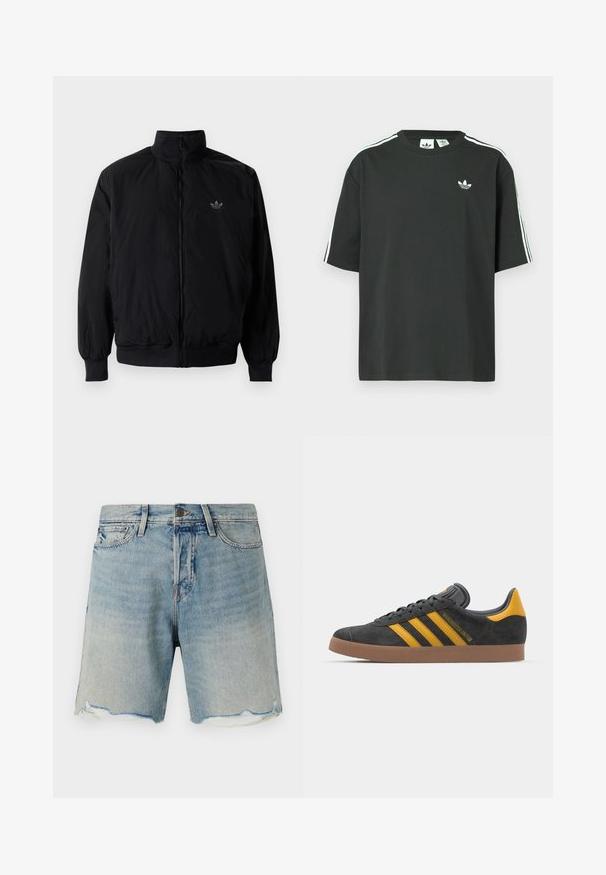 Černá zipová bunda s vysokým límcem, vyrobená z lehkého materiálu. Má elastické manžety a pas, s malým logem na horní levé straně.; Černé bavlněné tričko s krátkými rukávy, kulatým výstřihem a bílými třemi pruhy na ramenou. Na hrudi je malá bílá logo.; Džínové šortky v světlé modré barvě s vybledlým vzhledem. Mají roztrhaný lem a standardní design s pěti kapsami. Kovové zapínání v pase.; Černé semišové tenisky se žlutými akcenty, vybavené třemi pruhy a hnědou gumovou podrážkou. Obsahují polstrovaný jazyk pro pohodlí.