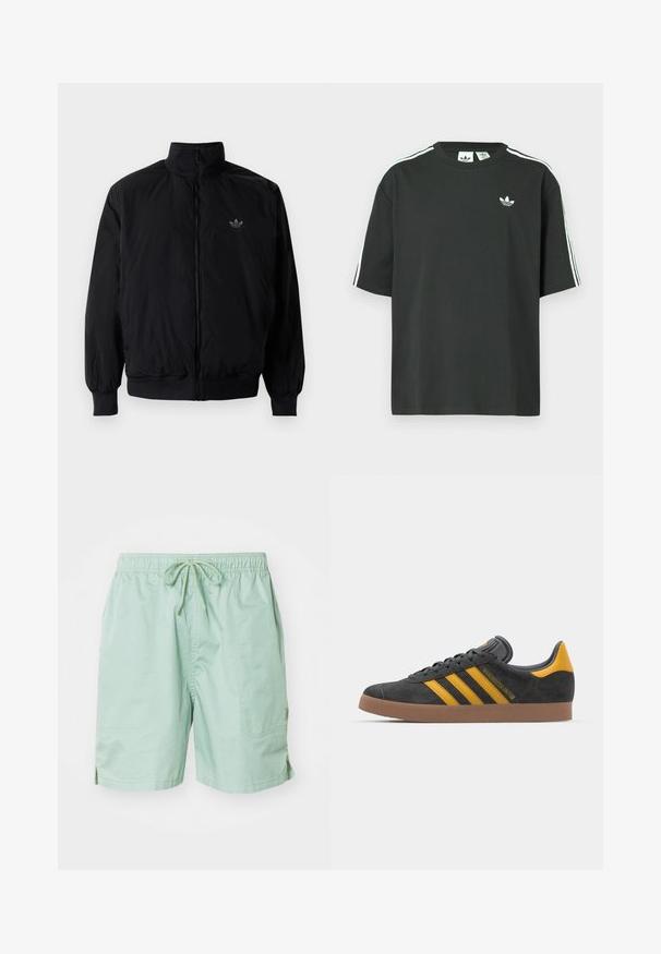 Black zipped jacket with high collar, made of lightweight material. Features elastic cuffs and waistband, with a small logo on the upper left.; Black cotton t-shirt with short sleeves, crew neckline, and white three-stripe detailing on shoulders. Features a small white logo on chest.; Light green swim shorts made of smooth fabric, featuring an elastic waistband with drawstring, side pockets, and short length.; Black suede sneaker with yellow accents, featuring three stripes and a brown rubber sole. Includes a padded tongue for comfort.