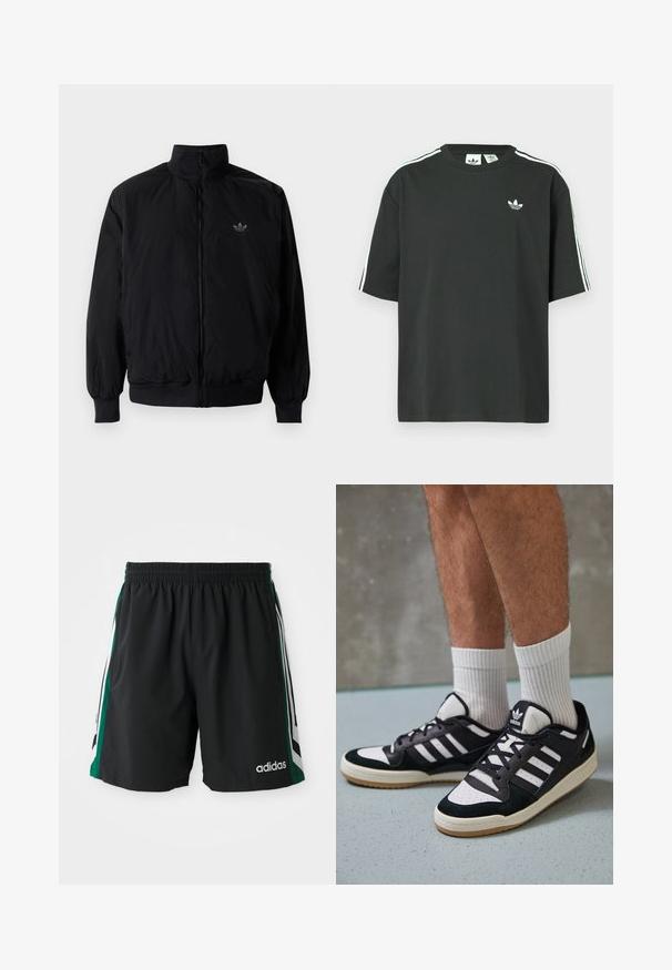 Crna jakna na zip s visokim ovratnikom, izrađena od laganog materijala. Ima elastične manžete i pojas, s malim logotipom na gornjem lijevom dijelu.; Crna pamučna majica kratkih rukava, s okruglim izrezom i bijelim detaljima u obliku triju pruga na ramenima. Na prsima se nalazi mali bijeli logotip.; Crne sportske kratke hlače s elastičnim pojasom, s zelenim i bijelim bočnim trakama te bijelim "adidas" logotipom sprijeda.; Crne i bijele tenisice s gornjim dijelom od antilopa i kože, s tri bijele pruge, perforiranim prstom i gumiranim potplatom.