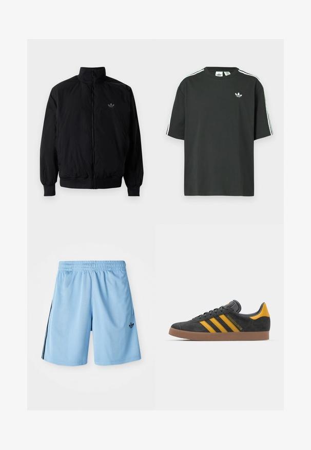 Černá zipová bunda s vysokým límcem, vyrobená z lehkého materiálu. Má elastické manžety a pas, s malým logem na horní levé straně.; Černé bavlněné tričko s krátkými rukávy, kulatým výstřihem a bílými třemi pruhy na ramenou. Na hrudi je malá bílá logo.; Světle modré sportovní šortky vyrobené z hladkého materiálu, s elastickým pasem a černými bočními pruhy, na dolní levé straně s malým černým logem.; Černé semišové tenisky se žlutými akcenty, vybavené třemi pruhy a hnědou gumovou podrážkou. Obsahují polstrovaný jazyk pro pohodlí.