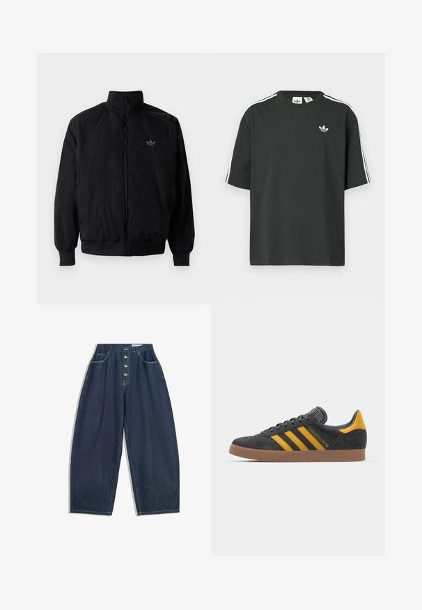 Černá zipová bunda s vysokým límcem, vyrobená z lehkého materiálu. Má elastické manžety a pas, s malým logem na horní levé straně.; Černé bavlněné tričko s krátkými rukávy, kulatým výstřihem a bílými třemi pruhy na ramenou. Na hrudi je malá bílá logo.; Tmavě modré denimové kalhoty s širokými nohavicemi, vysokým pasem, zapínáním na pět knoflíků a pěti kapsami. Obsahují švy s vypracovanými detaily.; Černé semišové tenisky se žlutými akcenty, vybavené třemi pruhy a hnědou gumovou podrážkou. Obsahují polstrovaný jazyk pro pohodlí.