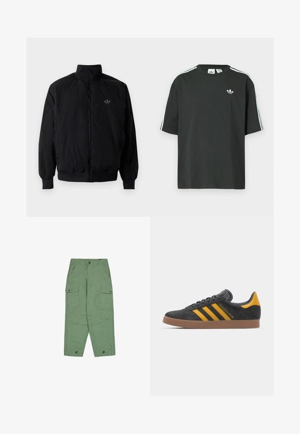 Černá zipová bunda s vysokým límcem, vyrobená z lehkého materiálu. Má elastické manžety a pas, s malým logem na horní levé straně.; Černé bavlněné tričko s krátkými rukávy, kulatým výstřihem a bílými třemi pruhy na ramenou. Na hrudi je malá bílá logo.; Zelené cargo kalhoty s volným střihem, dvěma velkými bočními kapsami a nastavitelnými manžetami na kotnících. Vyrobeno z texturované bavlněné tkaniny.; Černé semišové tenisky se žlutými akcenty, vybavené třemi pruhy a hnědou gumovou podrážkou. Obsahují polstrovaný jazyk pro pohodlí.