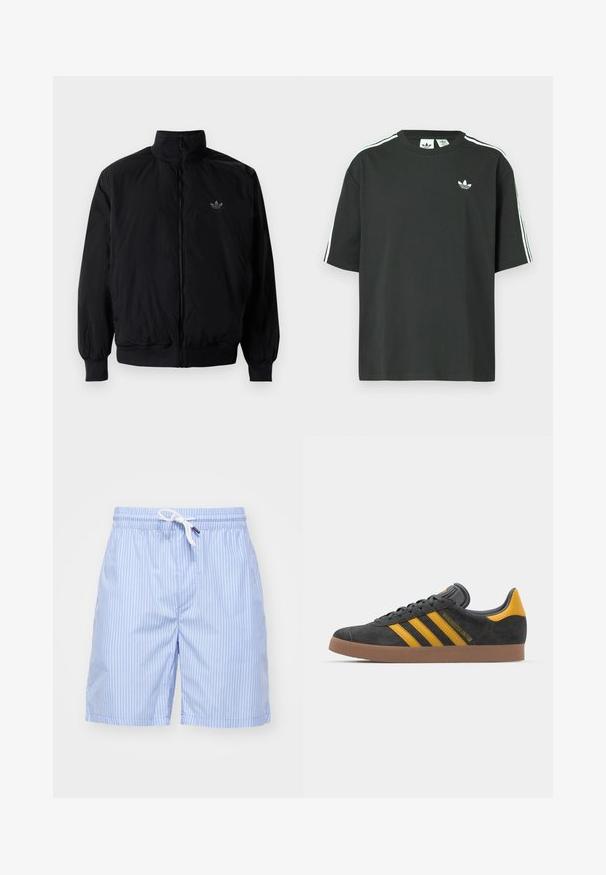 Giacca nera con zip e colletto alto, realizzata in materiale leggero. Presenta polsini e vita elastici, con un piccolo logo in alto a sinistra.; Maglietta nera in cotone con maniche corte, scollo rotondo e dettagli bianchi a tre strisce sulle spalle. Presenta un piccolo logo bianco sul petto.; Costumi da bagno a righe blu chiaro realizzati in tessuto morbido. Presentano un laccetto bianco e tasche laterali. Lunghezza fino a metà coscia con taglio dritto.; Sneaker in suede nero con dettagli gialli, dotato di tre strisce e una suola in gomma marrone. Include una linguetta imbottita per il comfort.