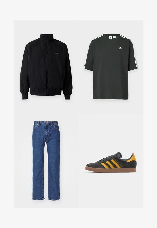 Black zipped jacket with high collar, made of lightweight material. Features elastic cuffs and waistband, with a small logo on the upper left.; Black cotton t-shirt with short sleeves, crew neckline, and white three-stripe detailing on shoulders. Features a small white logo on chest.; Straight-leg blue denim jeans with front button, zipper, belt loops, and five-pocket design on a plain white background.; Black suede sneaker with yellow accents, featuring three stripes and a brown rubber sole. Includes a padded tongue for comfort.