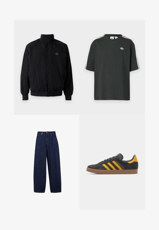 Czarna kurtka zapinana na zamek z wysokim kołnierzem, wykonana z lekkiego materiału. Posiada elastyczne mankiety i pas, oraz małe logo na górnej lewej stronie.; Czarny bawełniany t-shirt z krótkimi rękawami, okrągłym dekoltem i białym detalem w postaci trzech pasków na ramionach. Na piersi znajduje się małe białe logo.; Luźne, ciemnoniebieskie dżinsy z wysokim stanem, kieszeniami z przodu i prostym krojem nogawki. Zawierają metalowe ozdoby w kolorze srebrnym oraz minimalne przeszycia.; Czarne zamszowe sneakersy z żółtymi akcentami, z trzema paskami i brązową gumową podeszwą. Posiadają wyściełany język dla większego komfortu.