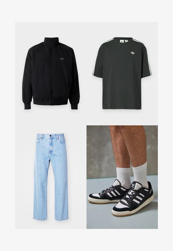 Musta vetoketjullinen takki, jossa on korkea kaulus, valmistettu kevyestä materiaalista. Varustettu joustavilla hihoilla ja vyötäröllä, ja ylävasemmalla on pieni logo.; Musta puuvillainen t-paita, jossa on lyhyet hihat, pyöreä pääntie ja valkoiset kolmen raidan yksityiskohdat olkapäillä. Rinnan kohdalla on pieni valkoinen logo.; Vaaleansiniset farkut suoran lahkeen muotoilulla, korkea vyötärö, viisi taskua ja klassinen napin ja vetoketjun suljenta.; Valkoiset ja mustat tennarit, joissa on mokkanahka- ja nahkapäällinen, kolme valkoista raitaa, rei'itetty kärki ja kumipohja.