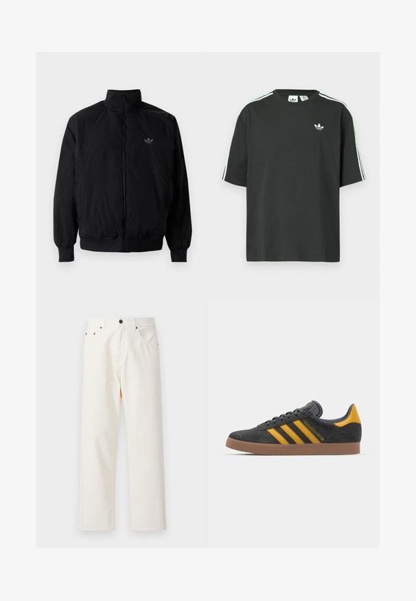 Black zipped jacket with high collar, made of lightweight material. Features elastic cuffs and waistband, with a small logo on the upper left.; Black cotton t-shirt with short sleeves, crew neckline, and white three-stripe detailing on shoulders. Features a small white logo on chest.; Jack & Jones JPSTALEX ORIGINAL - Baggy Jeans - antique white; Black suede sneaker with yellow accents, featuring three stripes and a brown rubber sole. Includes a padded tongue for comfort.