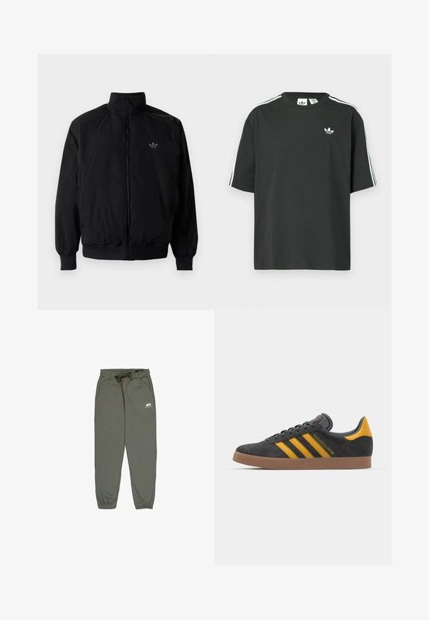 Chaqueta negra con cremallera y cuello alto, hecha de material ligero. Cuenta con puños y cinturilla elásticos, y un pequeño logo en la parte superior izquierda.; Camiseta de algodón negra con mangas cortas, cuello redondo y detalle de tres rayas blancas en los hombros. Presenta un pequeño logo blanco en el pecho.; Pantalones de chándal verdes hechos de tela suave, con una cinturilla elástica con cordón, bolsillos laterales y un pequeño logo blanco en el muslo.; Zapatillas de ante negro con acentos amarillos, que presentan tres franjas y una suela de goma marrón. Incluyen una lengüeta acolchada para mayor comodidad.