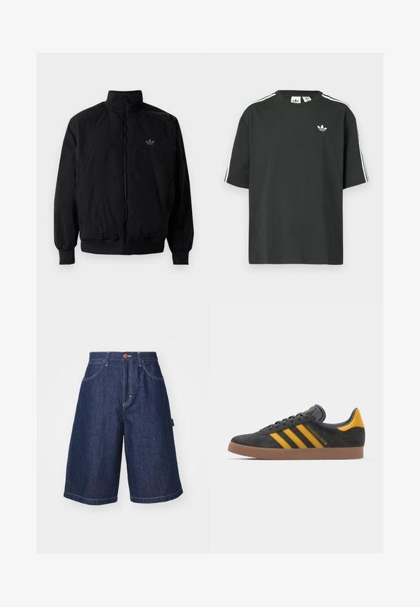 Crna jakna na zip s visokim ovratnikom, izrađena od laganog materijala. Ima elastične manžete i pojas, s malim logotipom na gornjem lijevom dijelu.; Crna pamučna majica kratkih rukava, s okruglim izrezom i bijelim detaljima u obliku triju pruga na ramenima. Na prsima se nalazi mali bijeli logotip.; Traper bermuda shorts u tamno plavoj boji, s ravnim krojem, bočnim džepovima, bijelim šavovima i prednjim zatvaranjem na gumb.; Crne nubuk tenisice s žutim detaljima, sa tri pruge i smešnim gumenim potplatom. Imaju jastučić na jeziku za udobnost.
