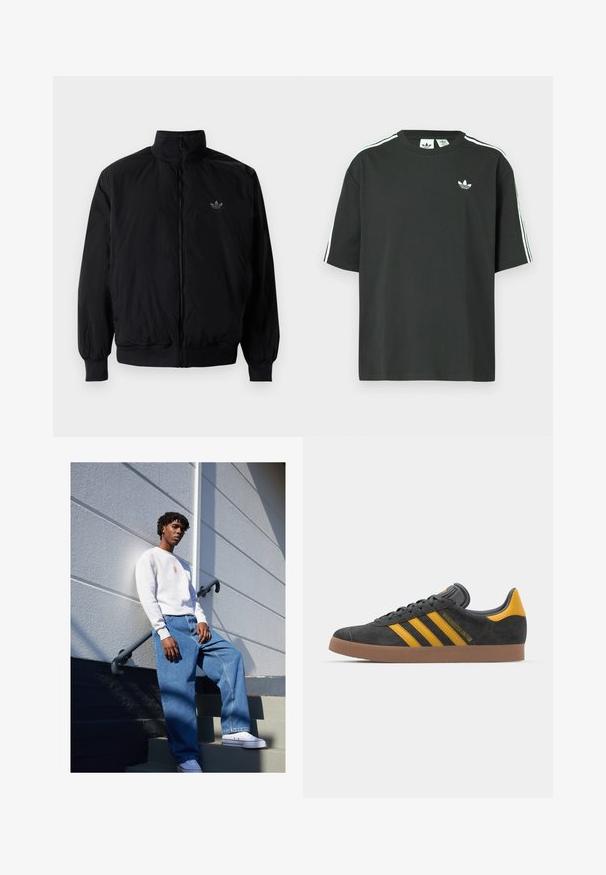 Black zipped jacket with high collar, made of lightweight material. Features elastic cuffs and waistband, with a small logo on the upper left.; Black cotton t-shirt with short sleeves, crew neckline, and white three-stripe detailing on shoulders. Features a small white logo on chest.; Heavy cotton crewneck sweatshirt in light gray, featuring an orange logo, paired with loose-fitting blue denim jeans and white sneakers.; Black suede sneaker with yellow accents, featuring three stripes and a brown rubber sole. Includes a padded tongue for comfort.