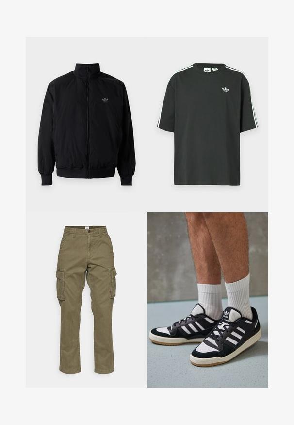 Black zipped jacket with high collar, made of lightweight material. Features elastic cuffs and waistband, with a small logo on the upper left.; Black cotton t-shirt with short sleeves, crew neckline, and white three-stripe detailing on shoulders. Features a small white logo on chest.; Olive green cargo pants made of cotton, featuring a straight-leg design, side pockets, and subtle seams. Texture is smooth, with durable fabric.; Black and white sneakers with a suede and leather upper, featuring three white stripes, a perforated toe, and a gum rubber sole.