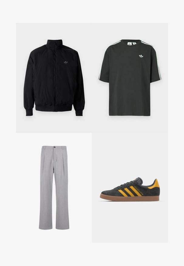 Musta vetoketjullinen takki, jossa on korkea kaulus, valmistettu kevyestä materiaalista. Varustettu joustavilla hihoilla ja vyötäröllä, ja ylävasemmalla on pieni logo.; Musta puuvillainen t-paita, jossa on lyhyet hihat, pyöreä pääntie ja valkoiset kolmen raidan yksityiskohdat olkapäillä. Rinnan kohdalla on pieni valkoinen logo.; Harmaat laskostetut housut, jotka on valmistettu kevyestä kankaasta. Housuissa on nappikiinnitys, leveät lahkeet ja sileä tekstuuri, jossa on hienovarainen kuvio.; Mustat samettiset tennarit, joissa on keltaisia yksityiskohtia, kolmonen raita ja ruskea kumipohja. Sisältää pehmustetun kielisen mukavuutta varten.