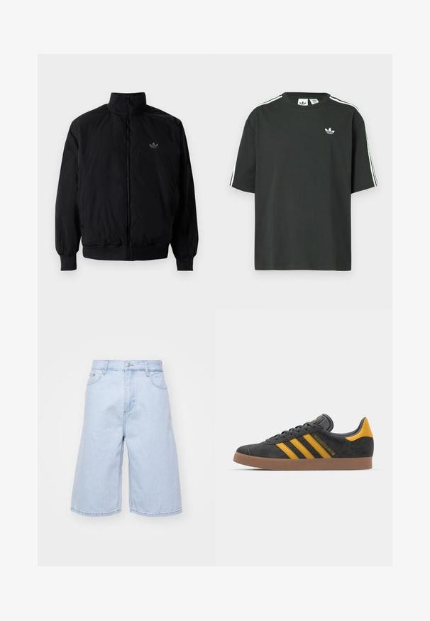 Schwarze Jacke mit Reißverschluss und hohem Kragen, aus leichtem Material gefertigt. Verfügt über elastische Bündchen und einen elastischen Saum, mit einem kleinen Logo oben links.; Schwarzes Baumwoll-T-Shirt mit kurzen Ärmeln, Rundhalsausschnitt und weißen Dreistreifen-Details auf den Schultern. Verfügt über ein kleines weißes Logo auf der Brust.; Hellblaue Denim-Shorts in lockerer Passform, mit hoher Taille, fünf Taschen und Reißverschluss. Saubere Kanten mit minimaler Ausbleichung.; Schwarze Wildledersneaker mit gelben Akzenten, ausgestattet mit drei Streifen und einer braunen Gummisohle. Enthält eine gepolsterte Zunge für zusätzlichen Komfort.