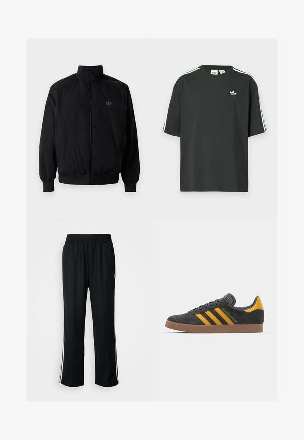 Crna jakna na zip s visokim ovratnikom, izrađena od laganog materijala. Ima elastične manžete i pojas, s malim logotipom na gornjem lijevom dijelu.; Crna pamučna majica kratkih rukava, s okruglim izrezom i bijelim detaljima u obliku triju pruga na ramenima. Na prsima se nalazi mali bijeli logotip.; Crne sportske hlače s elastičnom trakom oko struka, s bijelim bočnim prugama i malim logotipom. Materijal izgleda mekan i lagan.; Crne nubuk tenisice s žutim detaljima, sa tri pruge i smešnim gumenim potplatom. Imaju jastučić na jeziku za udobnost.