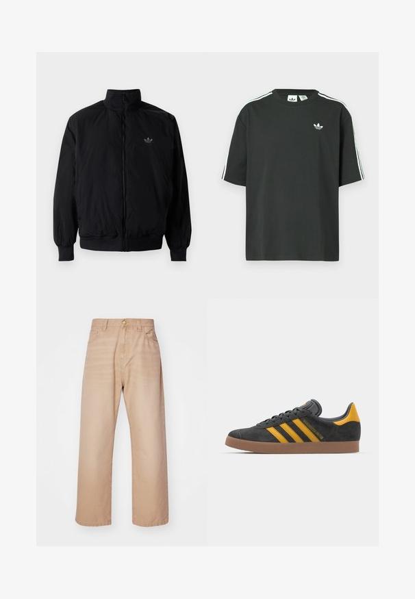 Schwarze Jacke mit Reißverschluss und hohem Kragen, aus leichtem Material gefertigt. Verfügt über elastische Bündchen und einen elastischen Saum, mit einem kleinen Logo oben links.; Schwarzes Baumwoll-T-Shirt mit kurzen Ärmeln, Rundhalsausschnitt und weißen Dreistreifen-Details auf den Schultern. Verfügt über ein kleines weißes Logo auf der Brust.; Beige Jeans mit weitem Bein, hoher Taille, fünf Taschen und metallischem Knopfverschluss. Hergestellt aus Denim mit glatter Textur.; Schwarze Wildledersneaker mit gelben Akzenten, ausgestattet mit drei Streifen und einer braunen Gummisohle. Enthält eine gepolsterte Zunge für zusätzlichen Komfort.