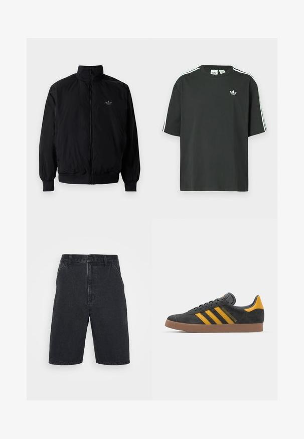 Black zipped jacket with high collar, made of lightweight material. Features elastic cuffs and waistband, with a small logo on the upper left.; Black cotton t-shirt with short sleeves, crew neckline, and white three-stripe detailing on shoulders. Features a small white logo on chest.; Black denim shorts with a straight cut, featuring a button closure and two side pockets. Incomplete hem with subtle fading details.; Black suede sneaker with yellow accents, featuring three stripes and a brown rubber sole. Includes a padded tongue for comfort.