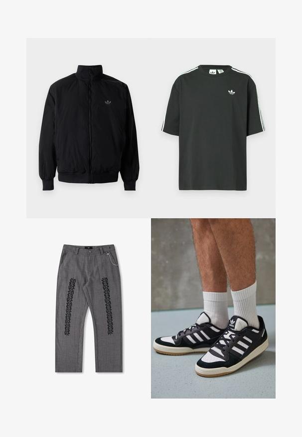 Čierna zips kombinéza s vysokým golierom, vyrobená z ľahkého materiálu. Obsahuje elastické manžety a pás, s malým logom na hornej ľavej strane.; Čierne bavlnené tričko s krátkymi rukávmi, okrúhlym výstrihom a bielymi tromi pruhmi na ramenách. Na hrudi je malý biely logo.; Sivé kárované nohavice s čiernym textovým detailom po stranách, s retiazkou ako akcentom na páse. Priame nohavice, textúrovaná látka.; Čierno-biele tenisky s vrchom z semišu a kože, s troma bielymi pruhmi, perforovanou špičkou a gumovou podrážkou.