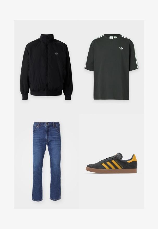 Crna jakna na zip s visokim ovratnikom, izrađena od laganog materijala. Ima elastične manžete i pojas, s malim logotipom na gornjem lijevom dijelu.; Crna pamučna majica kratkih rukava, s okruglim izrezom i bijelim detaljima u obliku triju pruga na ramenima. Na prsima se nalazi mali bijeli logotip.; Traperice u tamnoplavoj boji, s redovitim krojem, ravnim nogavicama, dizajnom s pet džepova i standardnim pojasom s prednjim zatvaračem na gumb.; Crne nubuk tenisice s žutim detaljima, sa tri pruge i smešnim gumenim potplatom. Imaju jastučić na jeziku za udobnost.