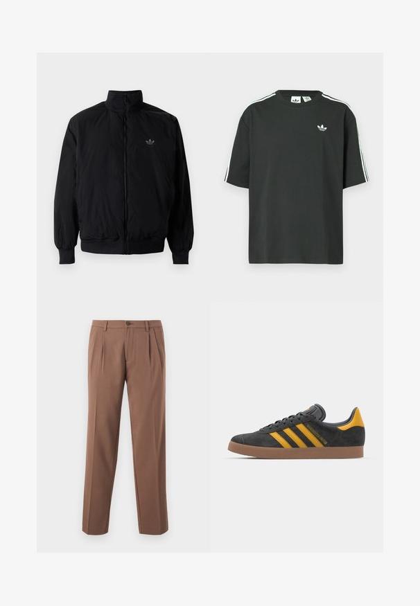 Giacca nera con zip e colletto alto, realizzata in materiale leggero. Presenta polsini e vita elastici, con un piccolo logo in alto a sinistra.; Maglietta nera in cotone con maniche corte, scollo rotondo e dettagli bianchi a tre strisce sulle spalle. Presenta un piccolo logo bianco sul petto.; Pantaloni marroni a pieghe con design a gamba dritta, dotati di chiusura con un solo bottone e tessuto liscio e testurizzato.; Sneaker in suede nero con dettagli gialli, dotato di tre strisce e una suola in gomma marrone. Include una linguetta imbottita per il comfort.