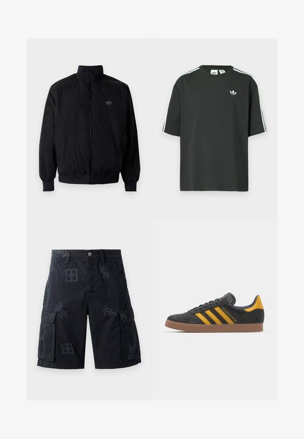 Black zipped jacket with high collar, made of lightweight material. Features elastic cuffs and waistband, with a small logo on the upper left.; Black cotton t-shirt with short sleeves, crew neckline, and white three-stripe detailing on shoulders. Features a small white logo on chest.; Black cargo shorts featuring two side pockets, a button closure, and tone-on-tone graphic patterns. Made of textured fabric.; Black suede sneaker with yellow accents, featuring three stripes and a brown rubber sole. Includes a padded tongue for comfort.