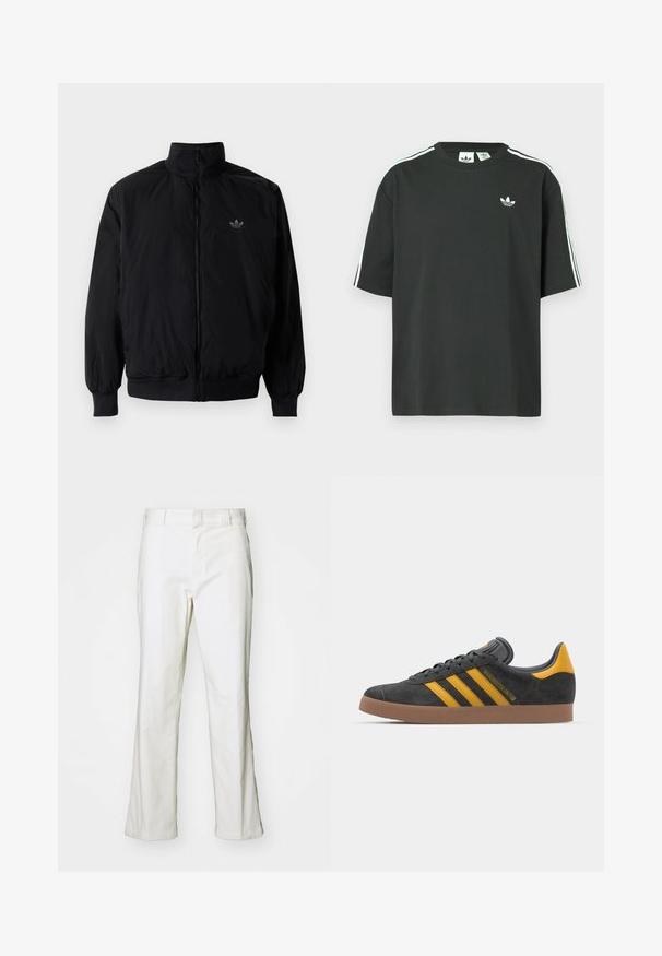 Čierna zips kombinéza s vysokým golierom, vyrobená z ľahkého materiálu. Obsahuje elastické manžety a pás, s malým logom na hornej ľavej strane.; Čierne bavlnené tričko s krátkymi rukávmi, okrúhlym výstrihom a bielymi tromi pruhmi na ramenách. Na hrudi je malý biely logo.; Biele bavlnené nohavice so strihom na rovno, s pásom a štandardnými vreckami. Tkanina vyzerá hladko a je mierne textúrovaná.; Čierne semišové tenisky so žltými akcentmi, ktoré majú tri pruhy a hnedú gumovú podrážku. Obsahujú vypolstrovaný jazyk pre pohodlie.