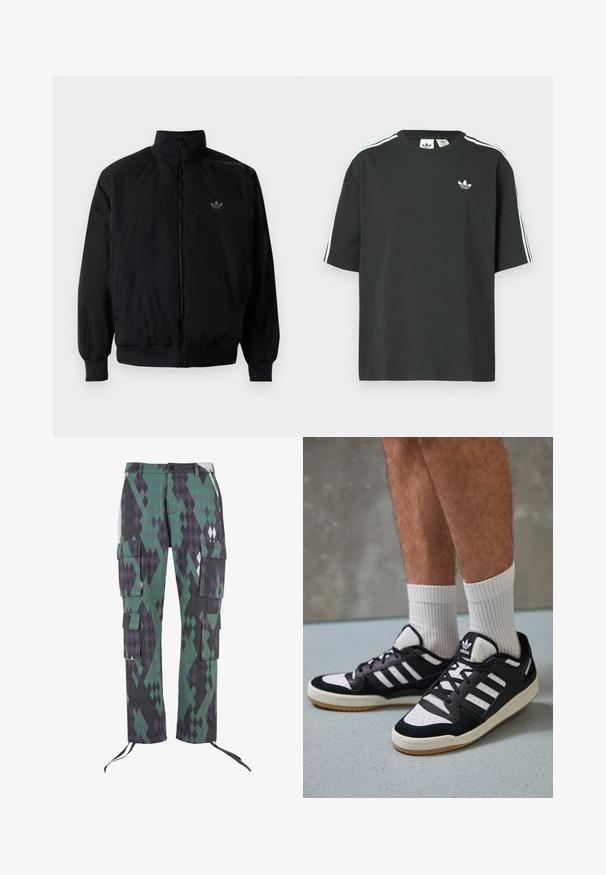 Black zipped jacket with high collar, made of lightweight material. Features elastic cuffs and waistband, with a small logo on the upper left.; Black cotton t-shirt with short sleeves, crew neckline, and white three-stripe detailing on shoulders. Features a small white logo on chest.; Cargo pants in a diamond pattern of green, purple, and black. Features six pockets, adjustable cuffs, and a button closure at the waist.; Black and white sneakers with a suede and leather upper, featuring three white stripes, a perforated toe, and a gum rubber sole.